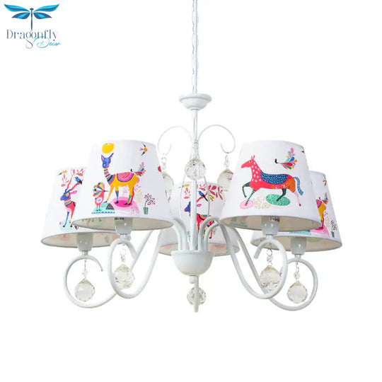 Cone Fabric Suspension Lamp Kids 5 Heads White Pendant Chandelier With Animal Pattern And Crystal