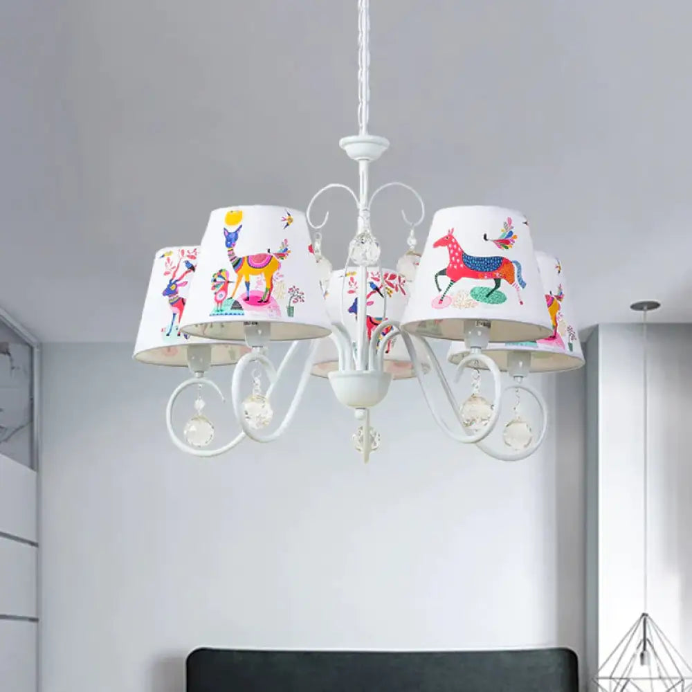 Cone Fabric Suspension Lamp Kids 5 Heads White Pendant Chandelier With Animal Pattern And Crystal