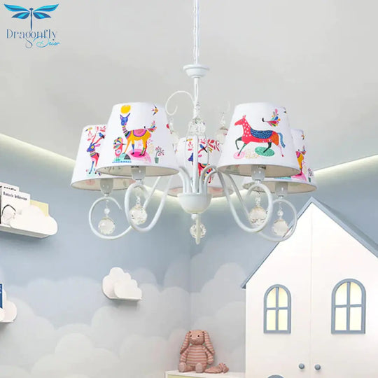 Cone Fabric Suspension Lamp Kids 5 Heads White Pendant Chandelier With Animal Pattern And Crystal