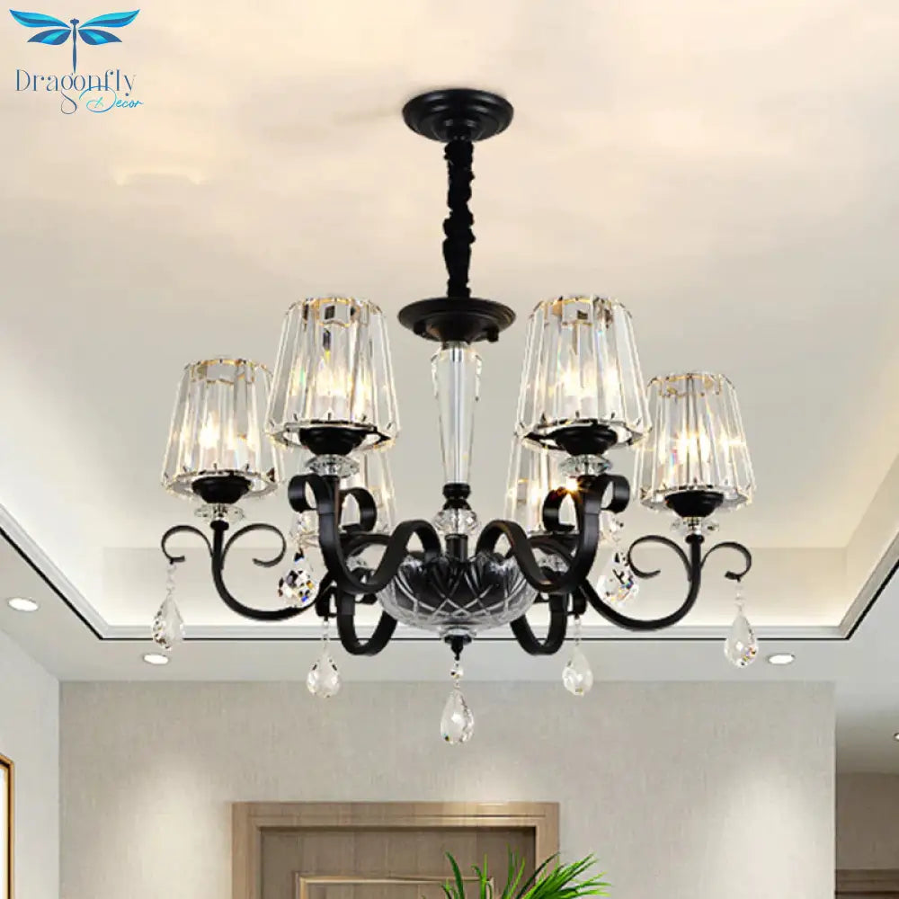 Cone Shade Hotel Ceiling Chandelier Retro Prismatic Crystal 3/6 - Light Black Drop Pendant With