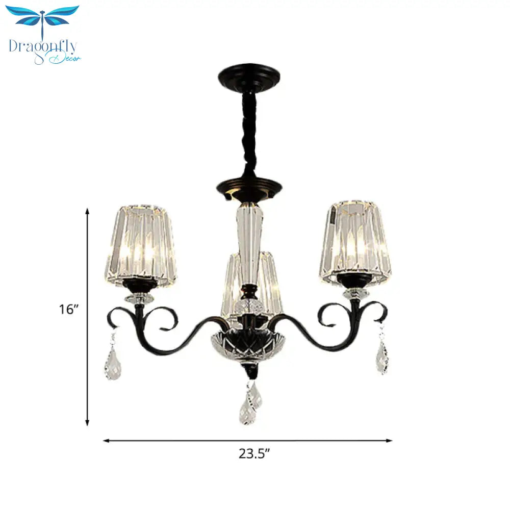 Cone Shade Hotel Ceiling Chandelier Retro Prismatic Crystal 3/6 - Light Black Drop Pendant With