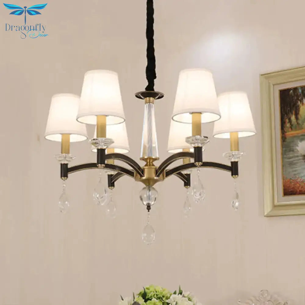 Conical Fabric Hanging Chandelier Vintage 6 - Bulb Dining Room Pendant Light Fixture In White With