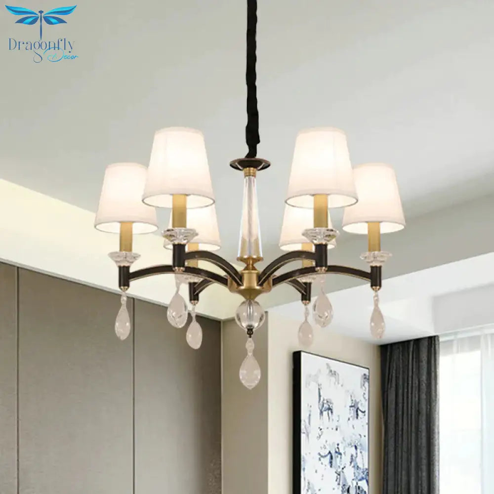 Conical Fabric Hanging Chandelier Vintage 6 - Bulb Dining Room Pendant Light Fixture In White With