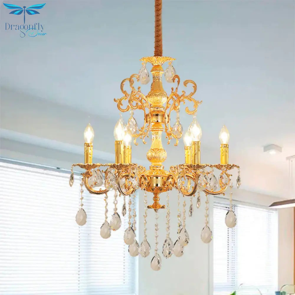 Contemporary Candle Chandelier Lamp Crystal 6/8 Lights Bedroom Pendant Light Fixture In Gold