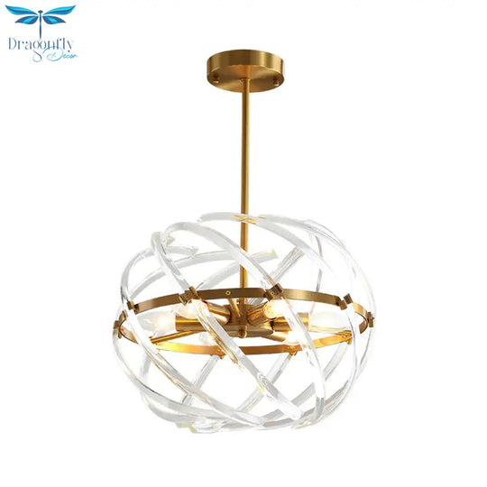 Contemporary Sphere Hanging Chandelier Metal 6 Bulbs Suspension Light In Gold With Crystal Tube