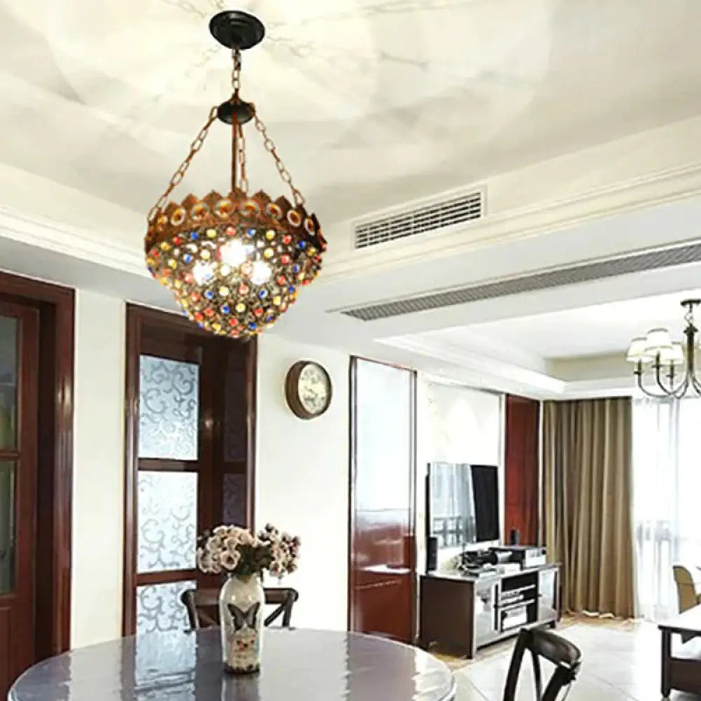 Copper Ceiling Chandelier Bowl 3 Bulbs Art Deco Down Lighting Pendant For Dining Room / 10’