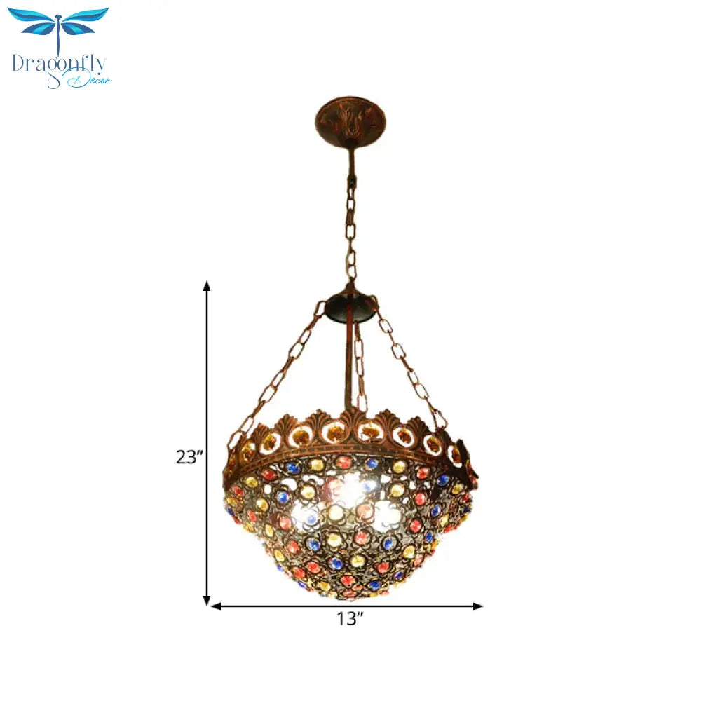 Copper Ceiling Chandelier Bowl 3 Bulbs Art Deco Down Lighting Pendant For Dining Room