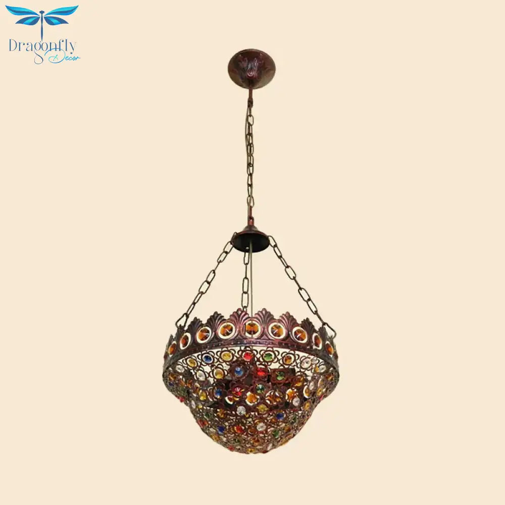 Copper Ceiling Chandelier Bowl 3 Bulbs Art Deco Down Lighting Pendant For Dining Room