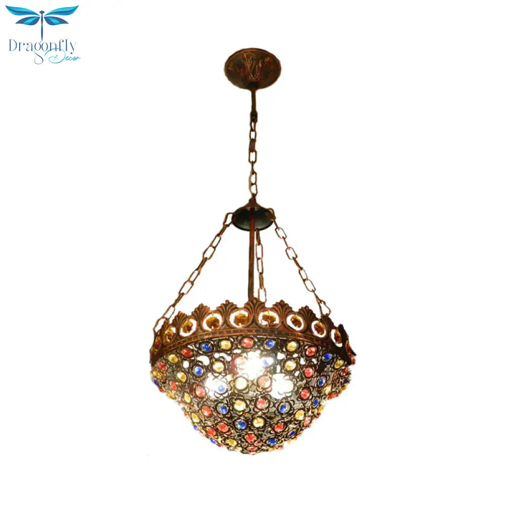 Copper Ceiling Chandelier Bowl 3 Bulbs Art Deco Down Lighting Pendant For Dining Room