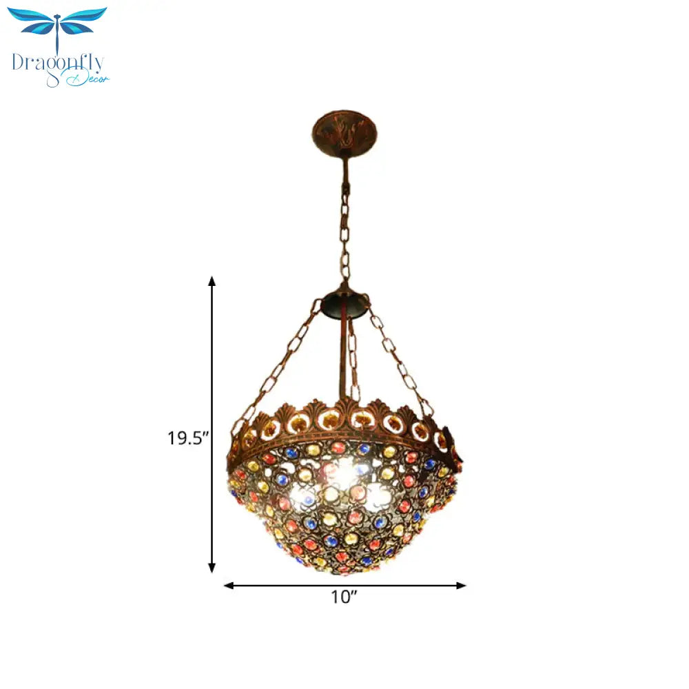 Copper Ceiling Chandelier Bowl 3 Bulbs Art Deco Down Lighting Pendant For Dining Room