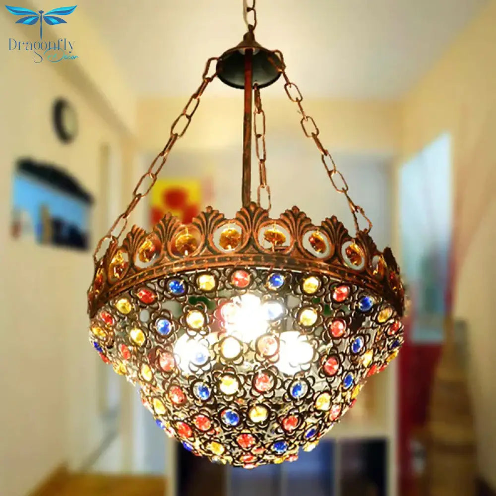 Copper Ceiling Chandelier Bowl 3 Bulbs Art Deco Down Lighting Pendant For Dining Room