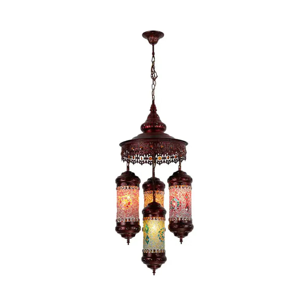 Copper Cylinder Chandelier Lighting Art Deco Stained Glass 4 Lights Bar Hanging Pendant Lamp