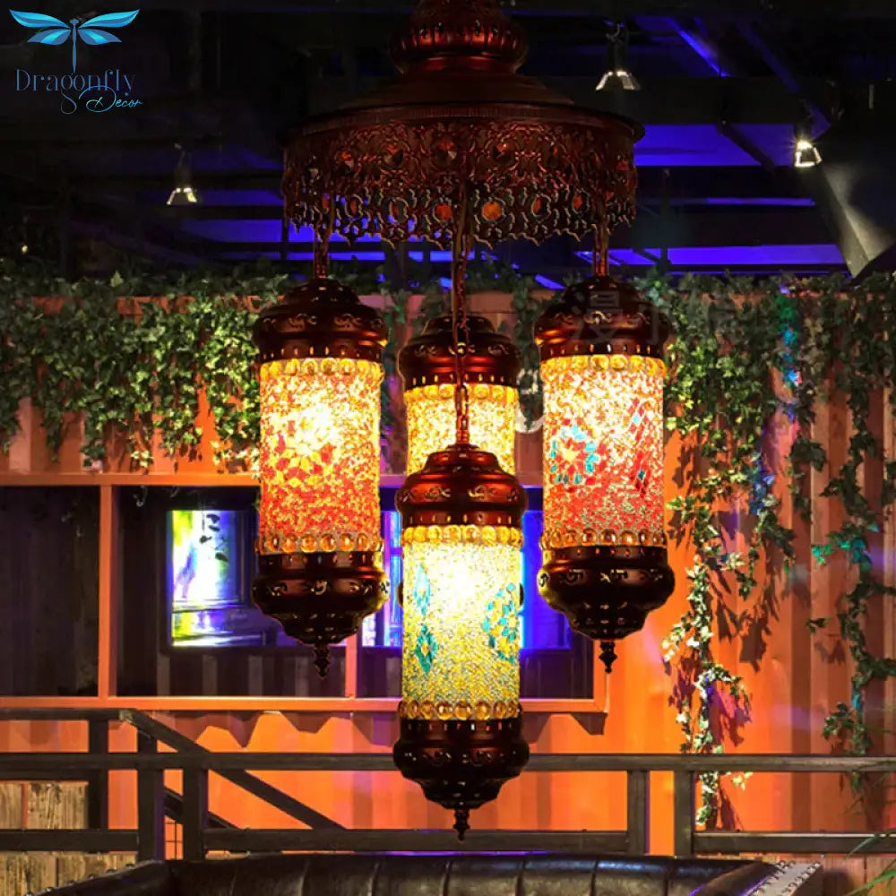 Copper Cylinder Chandelier Lighting Art Deco Stained Glass 4 Lights Bar Hanging Pendant Lamp