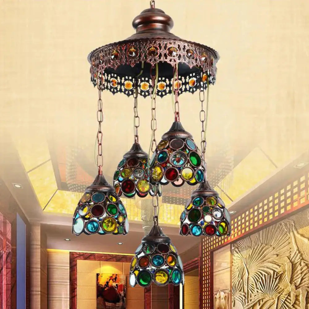 Copper Dome Hanging Chandelier Bohemian Metal 5 Heads Living Room Pendant Ceiling Light