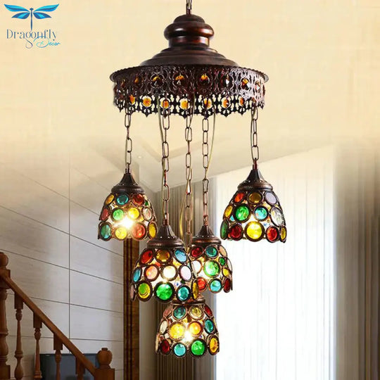 Copper Dome Hanging Chandelier Bohemian Metal 5 Heads Living Room Pendant Ceiling Light