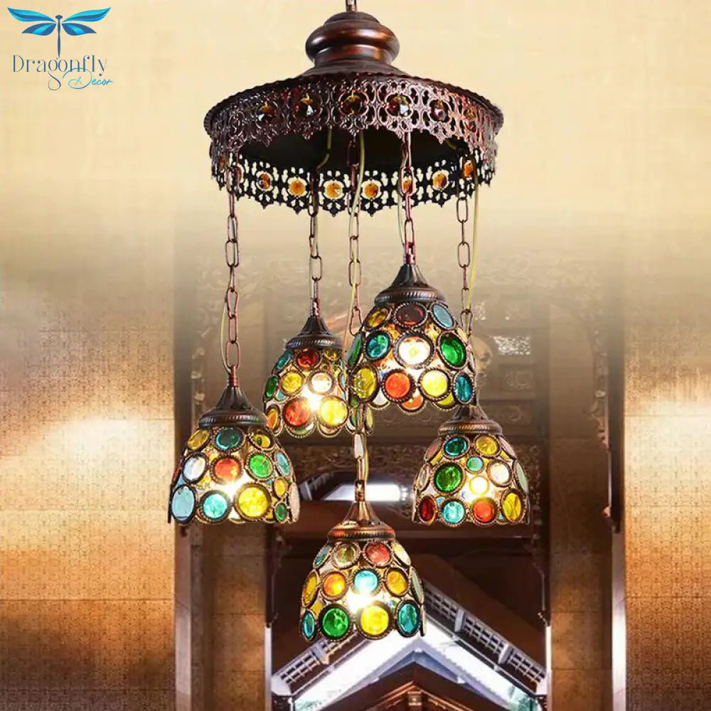 Copper Dome Hanging Chandelier Bohemian Metal 5 Heads Living Room Pendant Ceiling Light