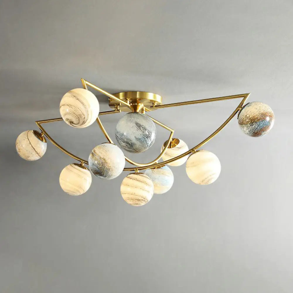 Cosmic Bedroom Glow: Gold Nordic Ombre Glass Semi - Flush Mount Chandelier With A Planet Design 10 /