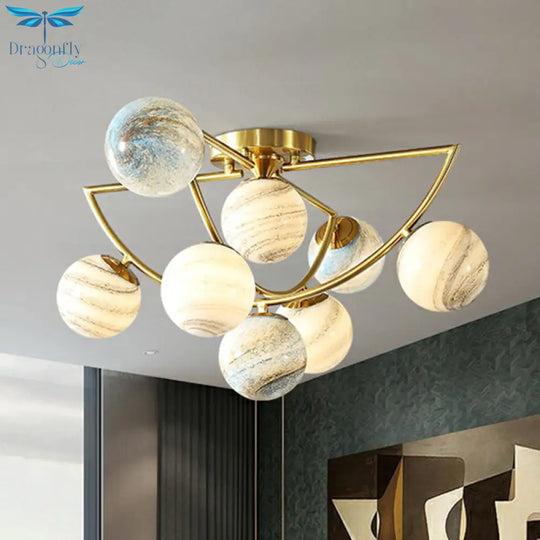 Cosmic Bedroom Glow: Gold Nordic Ombre Glass Semi - Flush Mount Chandelier With A Planet Design