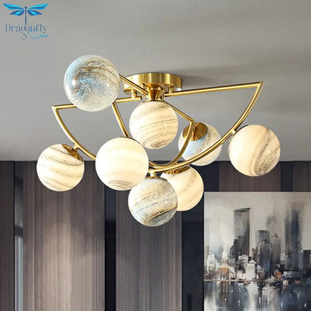 Cosmic Bedroom Glow: Gold Nordic Ombre Glass Semi - Flush Mount Chandelier With A Planet Design