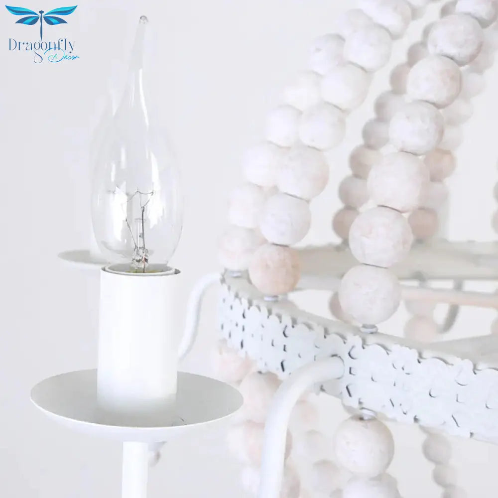 Cottage Sphere Beaded Chandelier 25.5’/31’ Dia 9 - Light White Wood Suspended Lighting Fixture
