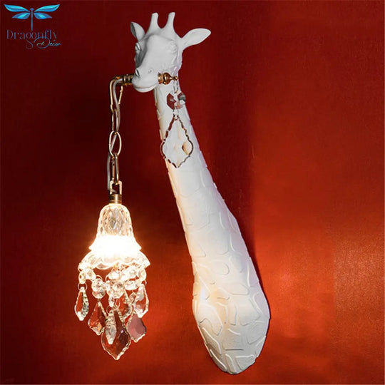 Cottagecore Decor Resin White Deer Glass Crystal Led Wall Lamp For Sofa Corridor Hallway Loft