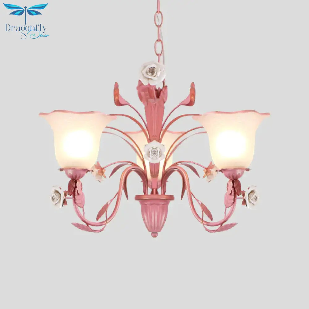 Country Flared Chandelier Lighting Fixture 3/5/7 Bulbs Metal Led Drop Pendant In Pink/Blue For