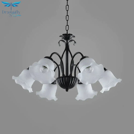 Country Floral Chandelier Lamp 5/6/8 Heads Frosted Glass Pendant Light Fixture In Black With