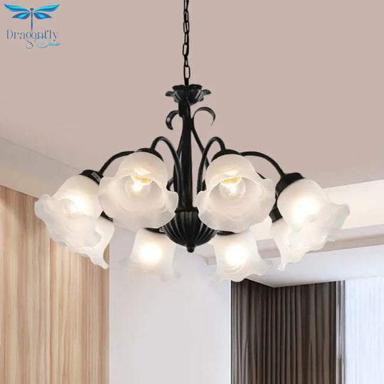 Country Floral Chandelier Lamp 5/6/8 Heads Frosted Glass Pendant Light Fixture In Black With