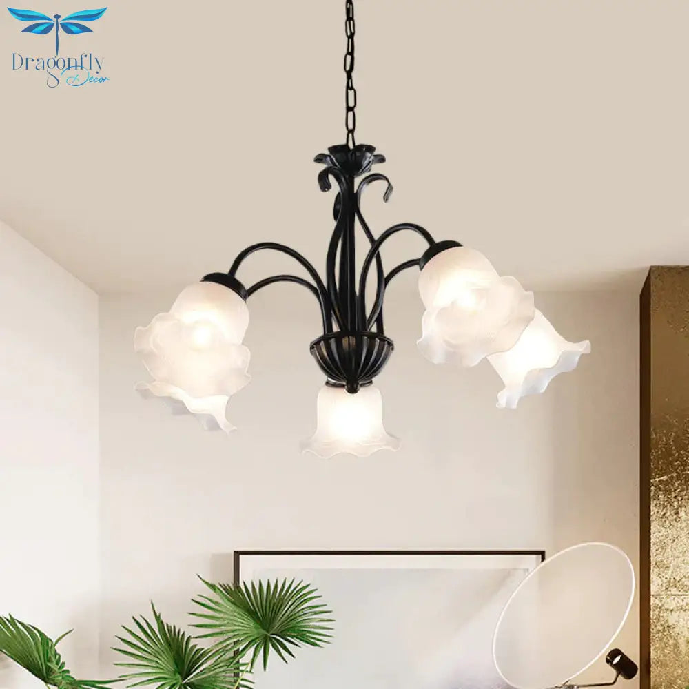 Country Floral Chandelier Lamp 5/6/8 Heads Frosted Glass Pendant Light Fixture In Black With