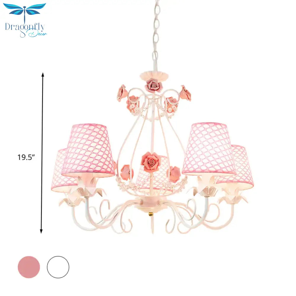 Countryside Barrel Chandelier Lighting Fixture 5 Heads Fabric Pendant Ceiling Light In Pink/White
