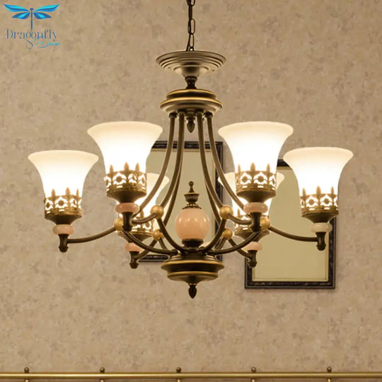 Countryside Bell Up Hanging Lighting 3/6 Lights White Glass Pendant Chandelier In Black And Gold