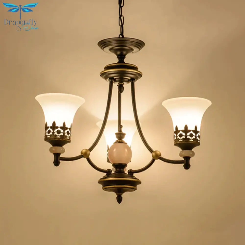 Countryside Bell Up Hanging Lighting 3/6 Lights White Glass Pendant Chandelier In Black And Gold