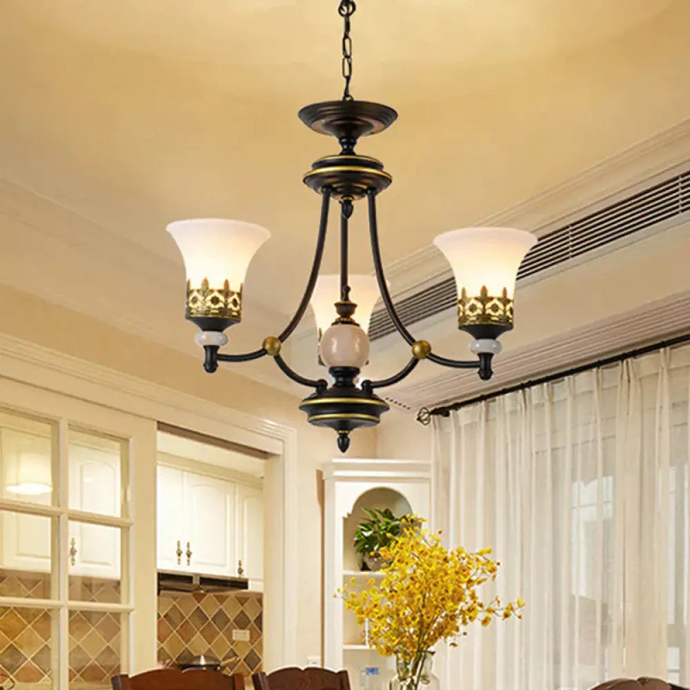 Countryside Bell Up Hanging Lighting 3/6 Lights White Glass Pendant Chandelier In Black And Gold 3