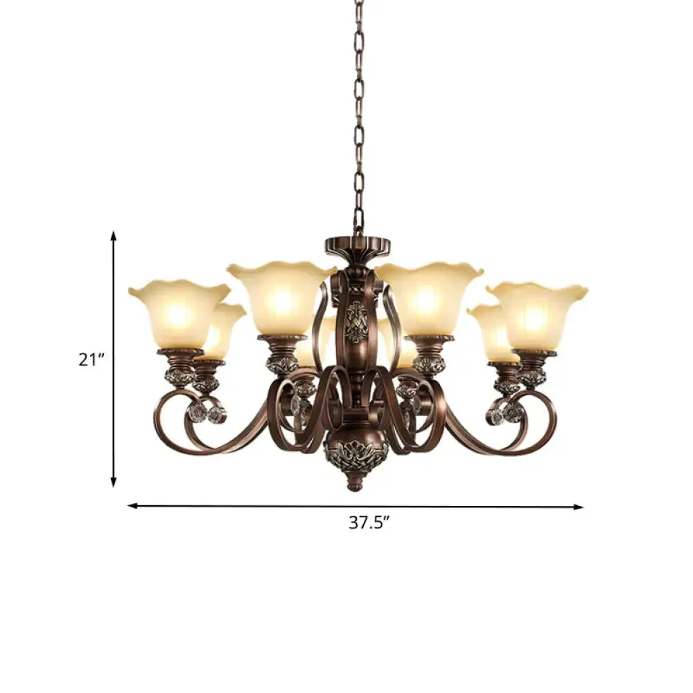 Countryside Bloom Pendant Chandelier 8 Bulbs Opaline Glass Hanging Lamp With Scrolled Arm In Bronze