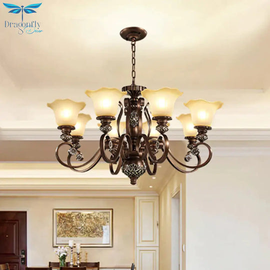 Countryside Bloom Pendant Chandelier 8 Bulbs Opaline Glass Hanging Lamp With Scrolled Arm In Bronze