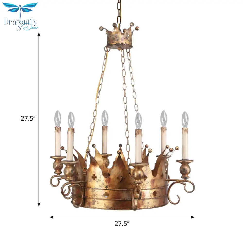 Countryside Crown Hanging Pendant 6 Lights Metal Ceiling Chandelier In Antique Brass For Living Room