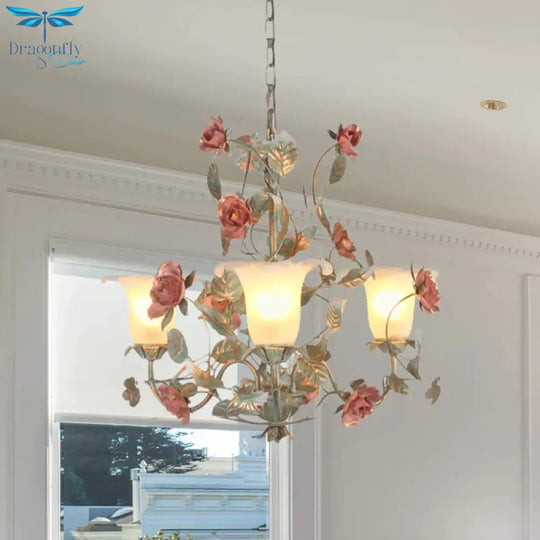 Countryside Curved Arm Suspension Lighting 3/5/6 Heads Metal Chandelier In Blue And Green With