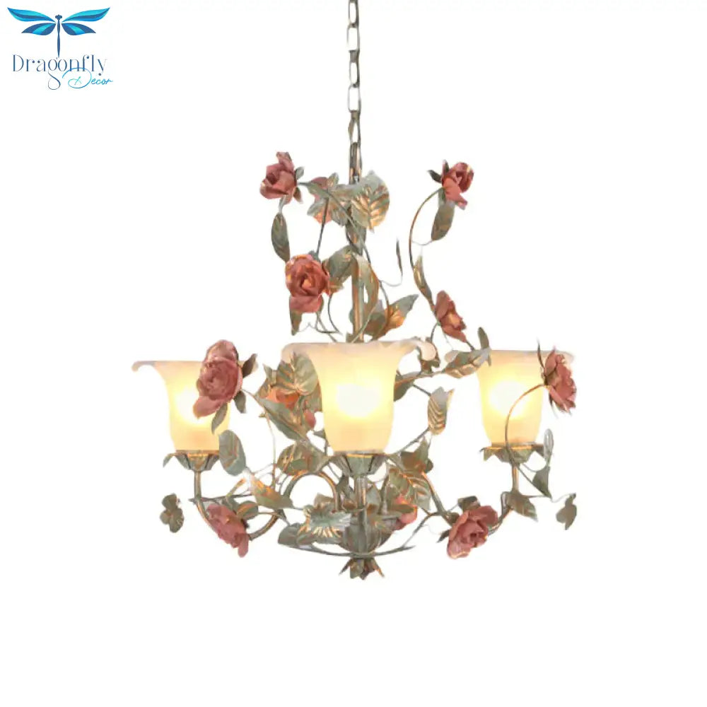 Countryside Curved Arm Suspension Lighting 3/5/6 Heads Metal Chandelier In Blue And Green With