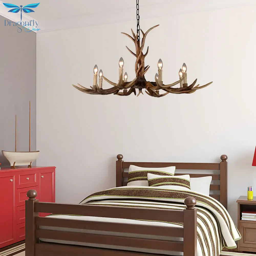 Countryside Faux Antler Hanging Pendant 6/8/10 Lights Resin Ceiling Chandelier In Brown For Living