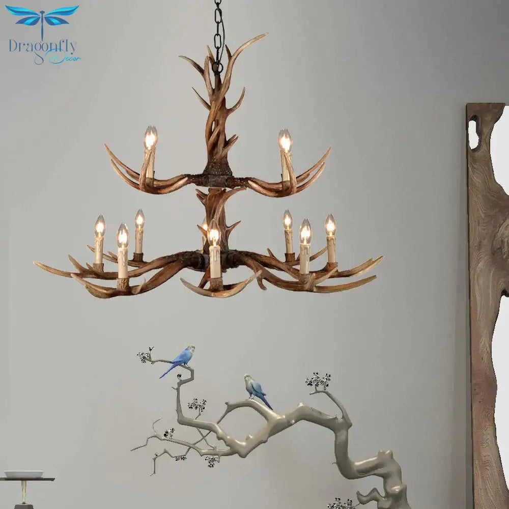 Countryside Faux Antler Hanging Pendant 6/8/10 Lights Resin Ceiling Chandelier In Brown For Living