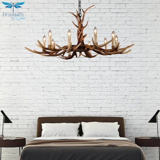 Countryside Faux Antler Hanging Pendant 6/8/10 Lights Resin Ceiling Chandelier In Brown For Living