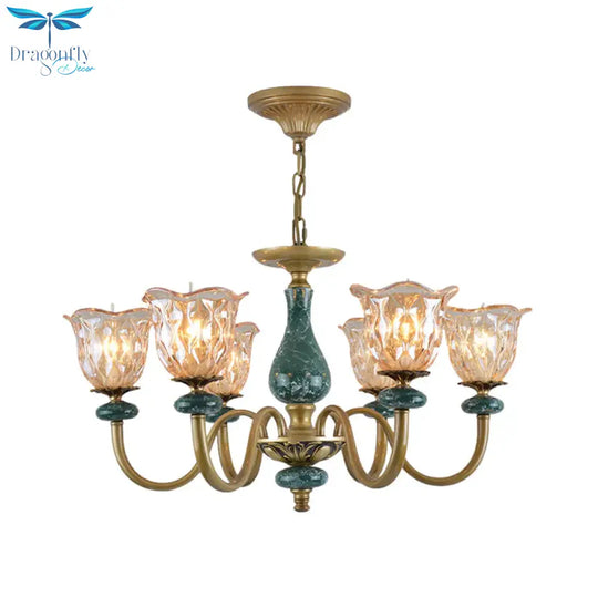 Countryside Flower Pendant Chandelier 3/5/6 Heads Tan Glass Suspension Light In Brass With Ceramics