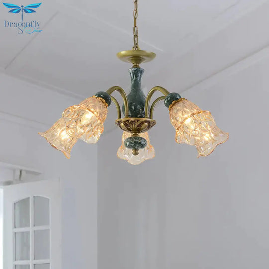 Countryside Flower Pendant Chandelier 3/5/6 Heads Tan Glass Suspension Light In Brass With Ceramics
