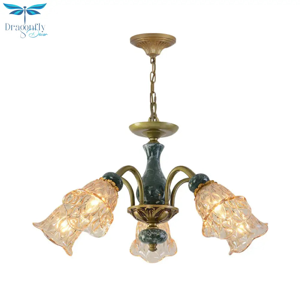 Countryside Flower Pendant Chandelier 3/5/6 Heads Tan Glass Suspension Light In Brass With Ceramics