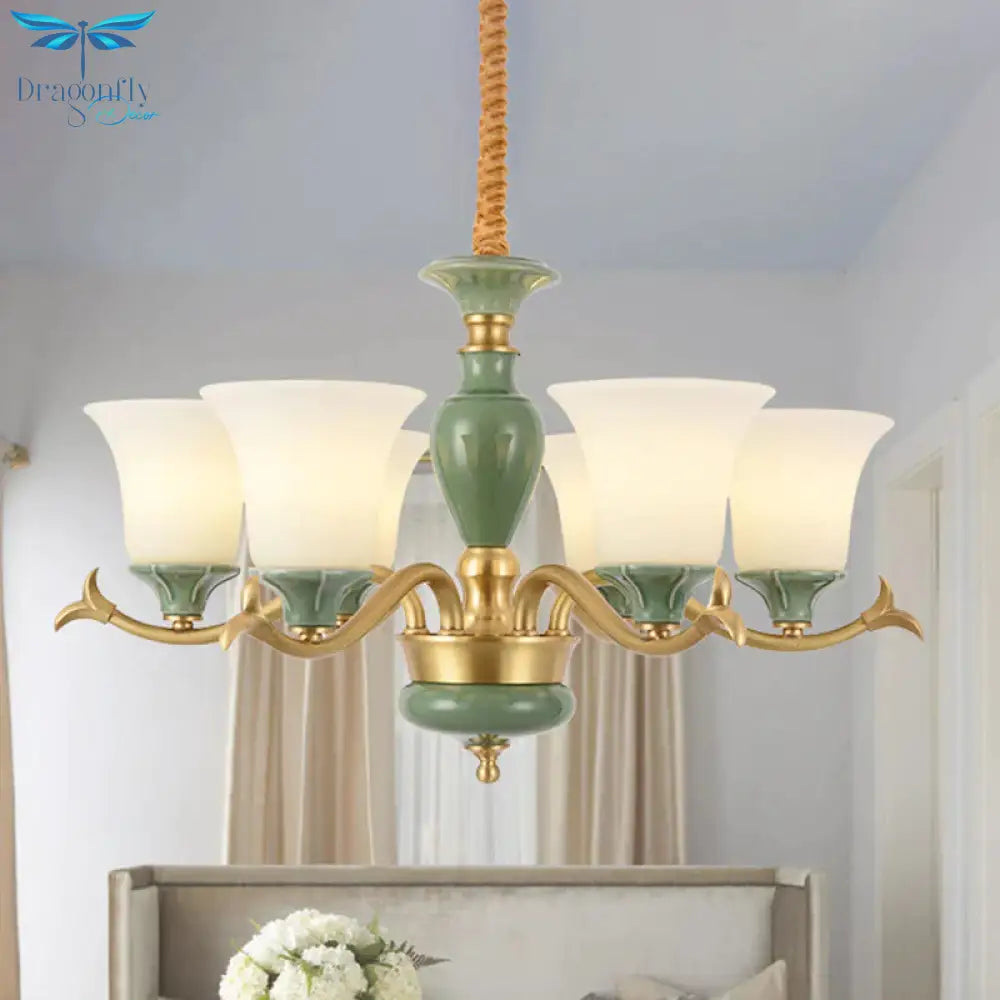 Countryside Green Bell Shaped Frosted Glass Suspension Light 3/6 Bulbs