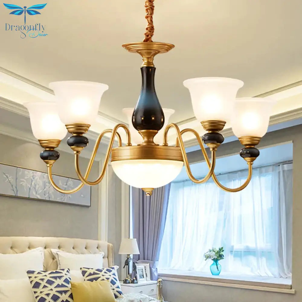 Countryside Style Brass Cream Glass Suspension Lamp In 3/5/6 Lights Floral Shade Pendant Chandelier