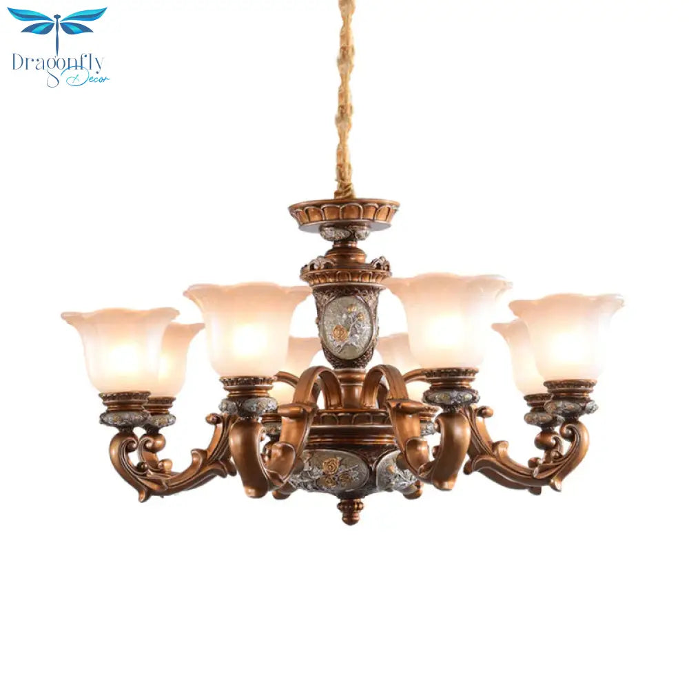 Cream Glass Brown Chandelier Lighting Fixture Floral Shade 6/8 - Light Antiqued Suspension Pendant