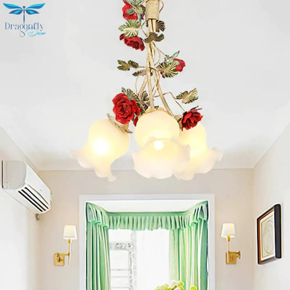 Cream Glass Coffee Drop Lamp Blossom 3/5 Bulbs Pastoral Pendant Chandelier For Dining Room