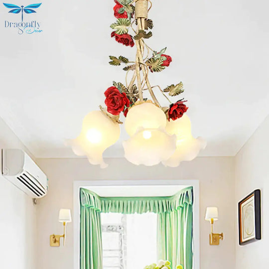 Cream Glass Coffee Drop Lamp Blossom 3/5 Bulbs Pastoral Pendant Chandelier For Dining Room
