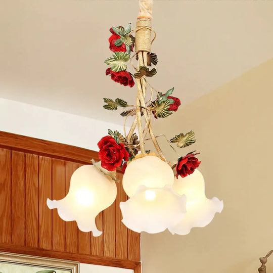 Cream Glass Coffee Drop Lamp Blossom 3/5 Bulbs Pastoral Pendant Chandelier For Dining Room 3 /